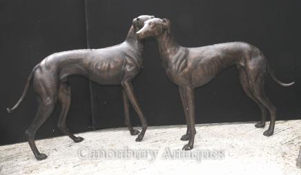 Pair Lifesize Bronze Greyhounds Art Deco Dogs