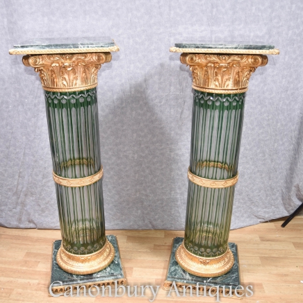 Pair Louis XV Crystal Glass Cornthian Column Pedestal Tables