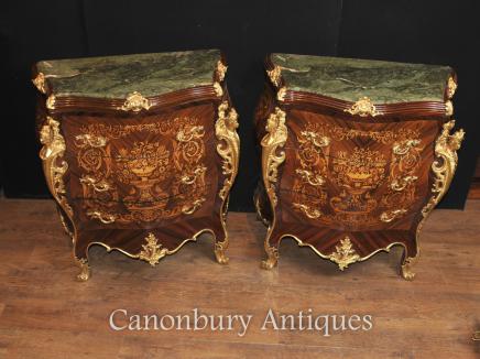 Pair Louis XVI Bombe Commodes Chests of Drawers Marquetry Inlay