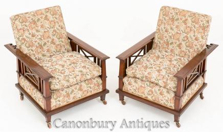 Pair Mahogany Arts and Crafts Reclining Arm Chairs 1910
