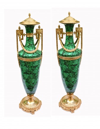 Pair Malachite Amphora Vases Large Urns French Porcelain Gilt