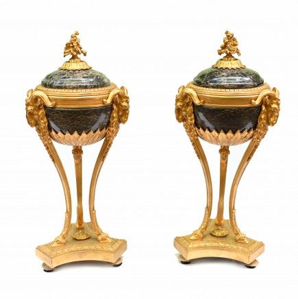 Pair Marble Cassolettes Stands Marble Vases Gilt Rams Heads 1880