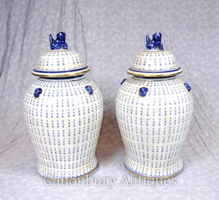 Pair Ming Blue and White Porcelain Ginger Jars Temple Urns Mandarin Vases