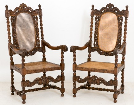 Pair Oak Carolean Farmhouse Arm Chairs 1880