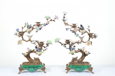 Pair Porcelain Bird Candelabras Ormolu Tree Branch Candles