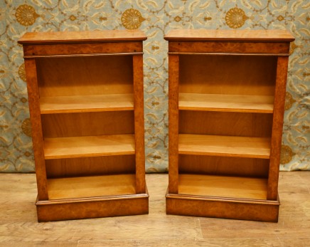 Pair Regency Bookcases Walnut Open Front Low