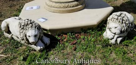 Pair Stone Recumbant Lions after Canova Garden Statue