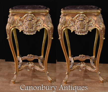 Pair Tall Louis XVI Gilt Pedestal Stand Rococo Tables Side Table