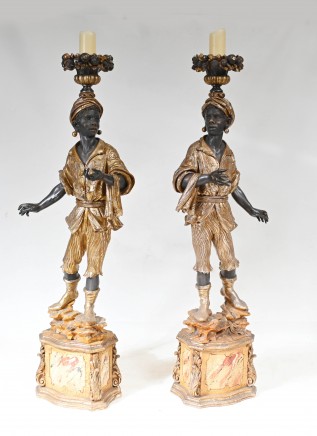 Pair Venetian Blackamoor Candelabras Statues Large