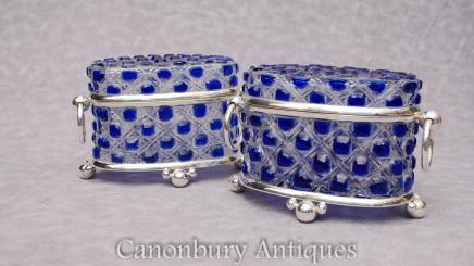 Pair Victorian Cut Glass Silver Plate Trinket Boxes Jewellery Casket