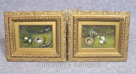 Pair Victorian Easter Egg Nest Spring Still Life Oil Paintings Floral