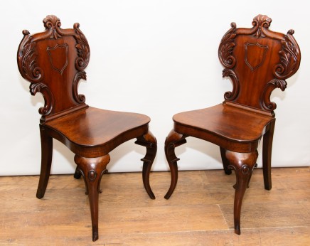 Pair Victorian Hall Chairs - Antique 1840 Carved Seats