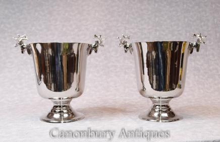 Pair Victorian Silver Plate Stag Wine Coolers Champagne Buckets Urns