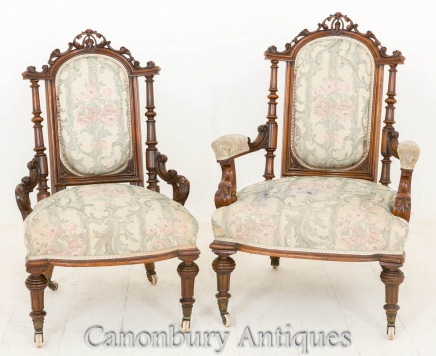 Pair Victorian Walnut Arm Chairs His and Hers Salon Chair 1860