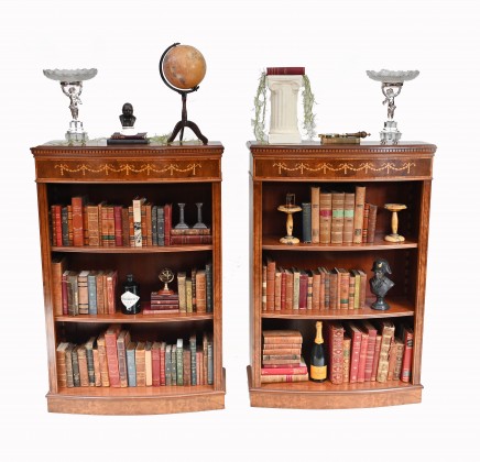 Pair Walnut Bookcases Open Front Sheraton Inlay
