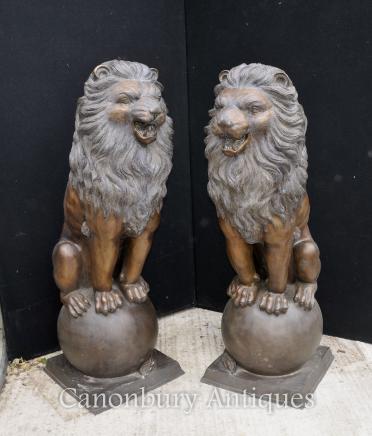 Pair XL Bronze Lion Gatekeeper Statues Lions on Ball Medici