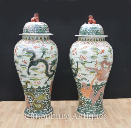 Pair XL Chinese Qing Porcelain Ginger Jars Vases Dragon Pottery