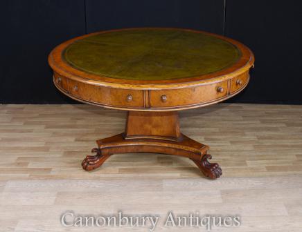 Regency Walnut Centre Table Leather Top Drum Tables