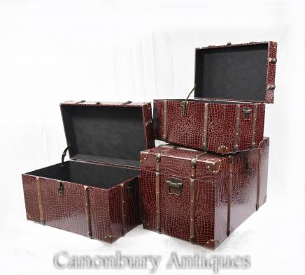Set 3 Faux Snakeskin Luggage Boxes Cases Steamer Trunk Tables