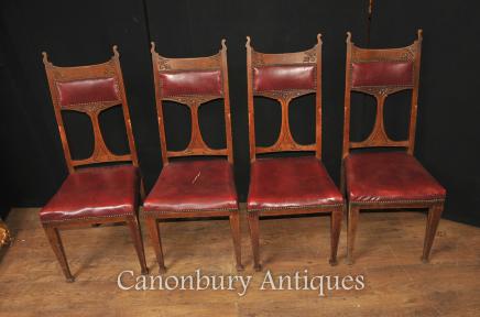 Set 4 Antique Art Nouveau Dining Chairs 1890 Arts and Craft Oak Carved