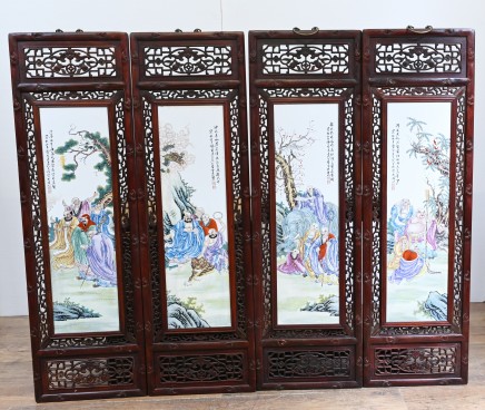 Set Chinese Porcelain Plaques Hand Painted Hardwood Frame 1930