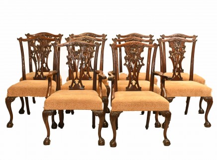 Set Gothic Chippendale Dining Chairs Mahogany Antique 1890