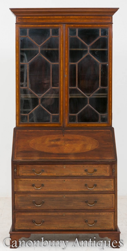 Sheraton Revival Bureau Bookcase Mahogany Glass Cabinet 1890