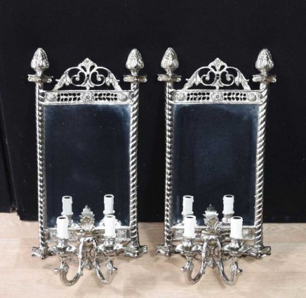 Silver Plate Sconce Girandole Mirror - French Classical Mirrored Applique Wall Light