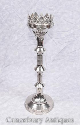 Single English Gothic Silver Plate Candlestick Candealbra