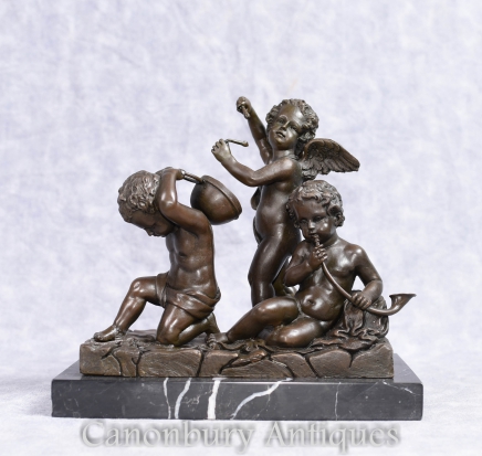 Trio French Bronze Cherubs Musical Instruments Putti Cherubim Statue