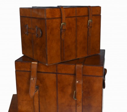 Trio Leather Campaign Luggage Trunks Boxes Storage Side Tables