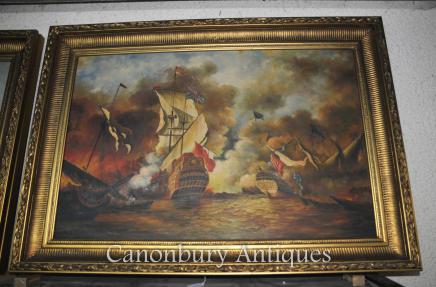 Victorian Oil Painting Battle of Trafalgar Maritime Sea Scape Ships