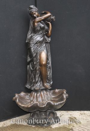 XL Italian Bronze Female Maiden Fountain Conch Urn Garden Water Feature