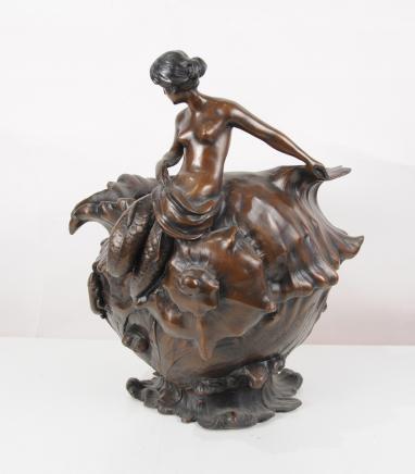 Bronze Art Nouveau Conch Shell Mermaid Figurine Bowl Planter