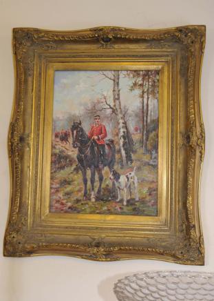 English Oil Painting Soldier on Horseback Dog Gilt Frame Military Art