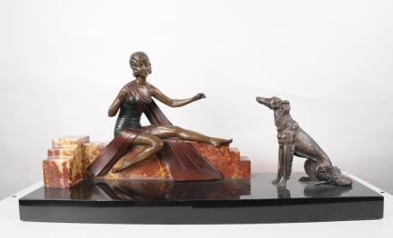 French Art Nouveau Bronze Figurine and Borzoi Dog Statue
