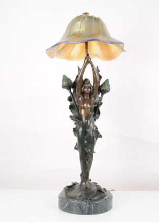 French Art Nouveau Bronze Table Lamp Statue by J. Causse