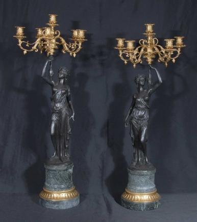 Pair 3 ft French Bronze Figurine Candelabras Clodion
