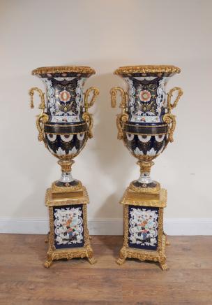 Pair 5.5 ft Derby Porcelain Urns Pedestal Stands