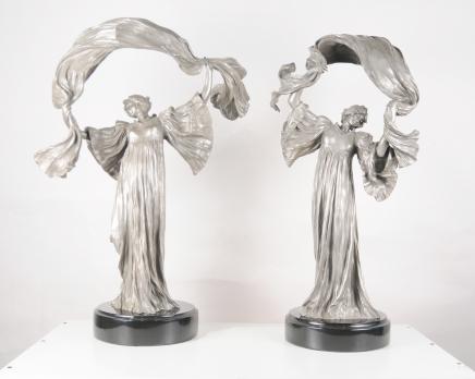 Pair Art Nouveau Bronze Table Lamps Figurine by Loie Fuller