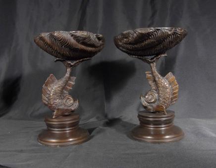 Pair Bronze Italian Serpent Shell Dishes Bowls