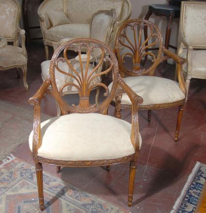 Pair English Hepplewhite Carved Armchairs Chairs