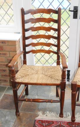 Pair English Ladderback Country Oak Chairs Ladder Back