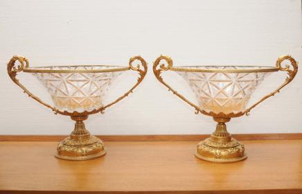 Pair French Empire Cut Glass Ormolu Bowls Dishes