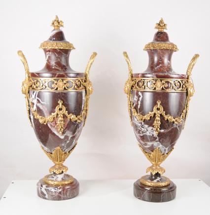 Pair French Empire Marble Amphora Urns Vases Ormolu