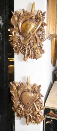 Pair French Gilt Carved Heraldic Wall Display Heraldry