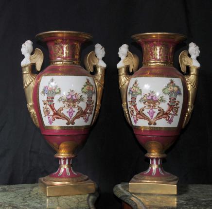 Pair German Dresden Porcelain Bisque Maiden Urns Vases