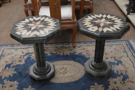 Pair Italian Tuscan Marble Inlay Side Tables