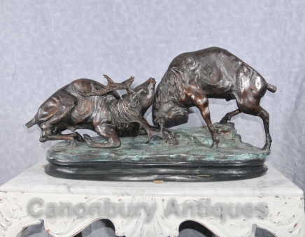 Pair Scottish Bronze Rutting Stags Stag Moose Elk Statue