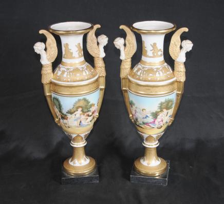 Pair Sevres Porcelain Angel Cherub Vases Urns
